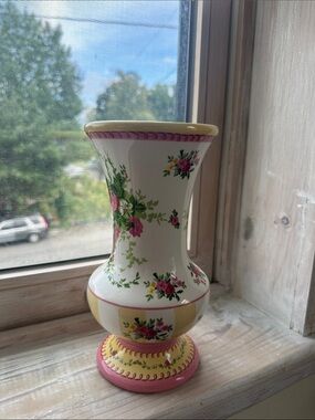 Vintage Floral Vase in White, Pink, and Yellow